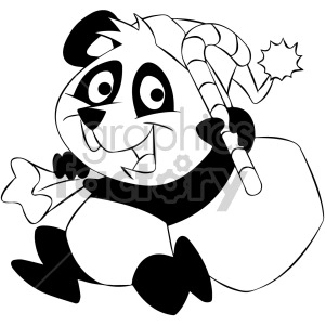 black and white cartoon panda bear with christmas bag