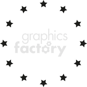The image is a simple representation of the European Union (EU) flag. It contains a circle of twelve black stars on a white background, which is symbolic of the EU's flag design, although the EU flag typically has the stars in gold on a blue background.