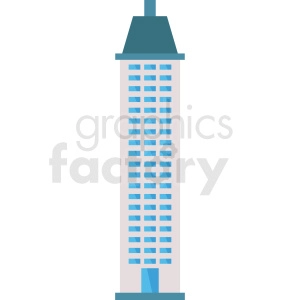 Illustration of a tall skyscraper with multiple blue windows and a dark blue roof.