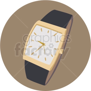 This clipart image depicts an elegant wristwatch with a black strap and a rectangular gold case. The watch face is white with gold hour markers and hands, set against a simple brown circular background.