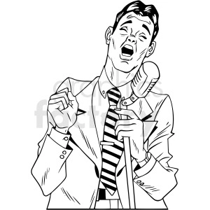 Clipart illustration of a man in a suit passionately singing into a vintage microphone.