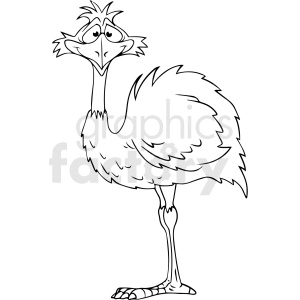 A black and white clipart image of an ostrich with a cartoonish and slightly comical expression.