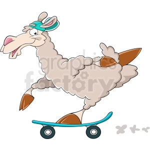 The clipart image features a cartoon llama with a playful expression riding a skateboard. The llama is wearing a cap visor and seems to be enjoying itself. There are motion lines behind the skateboard to indicate movement.