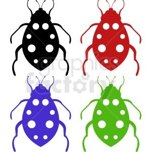 This clipart image features four beetle silhouettes in different colors: black, red, blue, and green. Each beetle has polka dots on its body, distinct legs, and antennae.