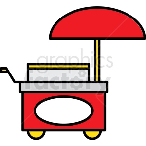 A clipart image of a red food cart with a large red umbrella. The cart has a handle and wheels, and features an oval-shaped blank label on the side.
