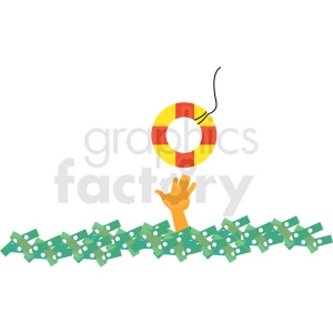 The clipart image depicts a person drowning in a sea of bills and money, representing the idea of being overwhelmed by debt.
