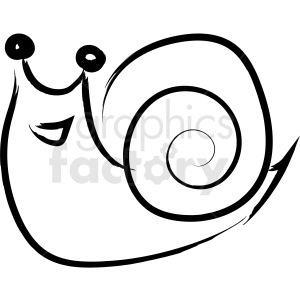 The clipart image depicts a whimsical drawing of a snail. The snail features stylized eyes on stalks and a smiling mouth. It has a large spiral shell and a curved body that represents its foot.