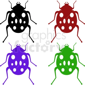 Clipart image of four beetles with different colors: black, red, purple, and green.