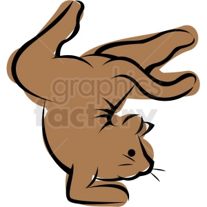 The clipart image shows a stylized brown cat in a playful or yoga-like pose, where the cat's tail and back legs are in the air, and its head is turned to the side, looking towards its raised tail.