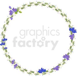 A decorative clipart image featuring a circular floral frame with purple and blue flowers intertwined with green leaves and small decorative elements.