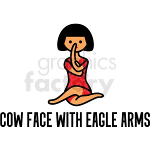 The clipart image shows a cartoon of a girl doing yoga. Specifically, she is doing the Cow Face with Eagle Arms pose, which involves crossing one arm over the other and then bringing the hands together in an eagle-like shape. The girl appears to be stretching and focusing on her breath, indicating that this is a meditative pose.