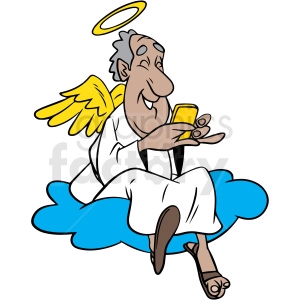 The clipart image shows an angel sitting on a cloud and laughing while looking at his phone. The image depicts a man or guy who has wings and a halo, dressed like an angel, using social media on his phone while enjoying it with laughter.
