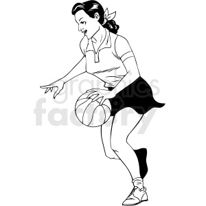 A black and white clipart image of a woman dribbling a basketball, dressed in athletic wear.