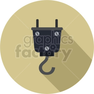 Clipart image of a black industrial hook with screws, suspended in a tan-colored circular background with a shadow effect.