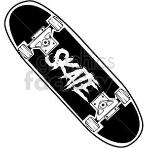 The clipart image shows a black and white vector graphic of a skateboard, an elongated board with wheels mounted underneath that is used for riding and performing tricks. The image depicts the bottom view of the skateboard, showing the deck with its distinctive shape and grip tape texture, as well as the trucks and wheels.

