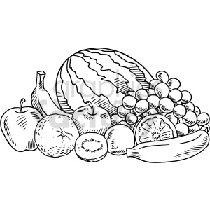 The clipart image shows a collection of various fruits depicted in black and white. The fruits include an apple, banana, pear, orange, lemon, strawberry, and grapes arranged in a horizontal line.
