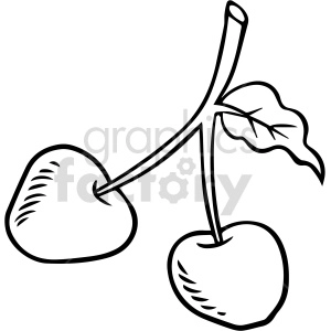 The clipart image shows a black and white cartoon drawing of two cherries with stems, leaves, and a small section of the branch they are attached to.
