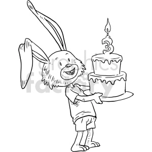 The clipart image shows a black and white sketch of a bunny holding a cake. It appears to be decorated with frosting and is suitable for occasions such as Easter or birthday celebrations.
