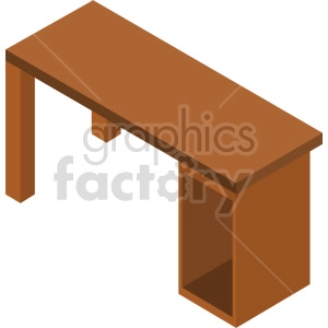A 3D isometric clipart image of a brown wooden office desk.