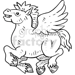 The clipart image shows a black and white vector cartoon graphic of the mythical creature Pegasus, which is depicted as a horse with wings. The image shows Pegasus in flight, with its wings spread out and head held high. It is possible that the image could be used as a tattoo design.
