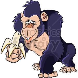 A cartoon gorilla holding and eating a banana.