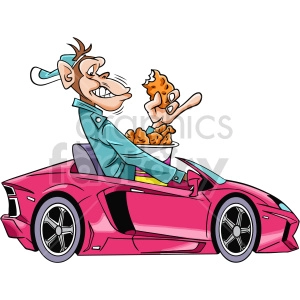 A humorous clipart image of a person with exaggerated features, resembling a monkey, wearing a cap and a jacket, driving a flashy pink sports car while eating a bowl of fried chicken.
