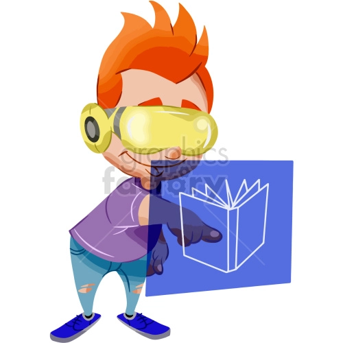 A cartoon character with orange hair, wearing yellow futuristic glasses and a purple top, is pointing to a digital screen displaying an open book icon.