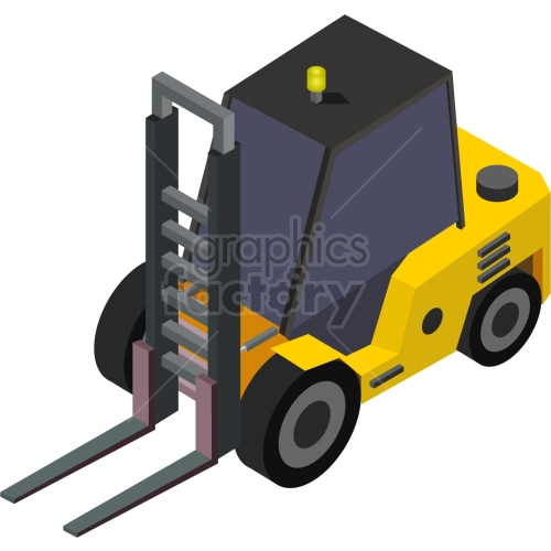 The clipart image shows an isometric view of a forklift in a warehouse setting. The forklift is depicted with its lifting mechanism lowered, suggesting that it is not in use.