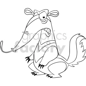 The clipart image depicts a cartoonish possum with exaggerated features. It has a long snout, big eyes, and a large, bushy tail. The possum stands upright on its hind legs with one front paw raised, appearing to beckon or point, and holds its tail in a relaxed curve. The cartoon is black and white, executed in a simple line drawing style without color fills.