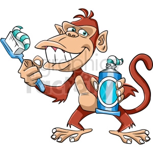 A cartoon illustration of a smiling monkey holding a toothbrush with toothpaste and a tube of toothpaste.