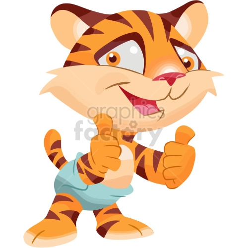 The clipart image shows a cute cartoon depiction of a baby tiger. It has orange fur with black stripes, white paws, and a white belly. The overall style is whimsical and playful, intended for use in lighthearted or child-friendly designs.
