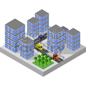 Isometric illustration of a cityscape featuring tall buildings, roads, vehicles, and a small park with trees.