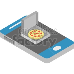 Isometric illustration of a smartphone with a pizza in an open box on the screen, symbolizing online pizza ordering.
