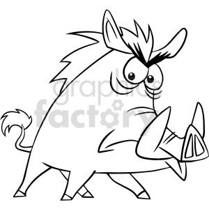 A black and white clipart image of a cartoon warthog with exaggerated features, including big eyes, prominent tusks, and a spiky mane.