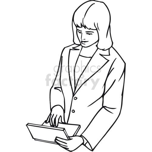 A female doctor using laptop while standing up, black white line drawing