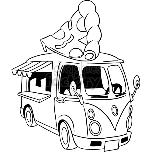 black and white cartoon pizza truck clipart