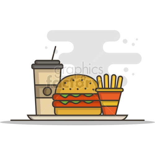 The clipart image shows a classic fast food meal consisting of a hamburger, French fries, and a drink. The burger appears to have lettuce, tomato, cheese, and a patty on a sesame seed bun. The fries are crinkle-cut and served in a red carton with white stripes, and the drink is shown as a paper cup with a straw.

