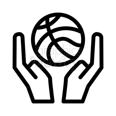 This clipart image depicts two hands holding a basketball. The design is created with simple, bold lines to emphasize the shapes.