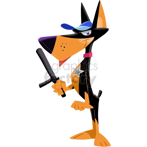 The clipart image shows a cartoon Dobermann, a breed of dog commonly used for security purposes. The dog is standing upright and appears to be on guard, with its ears perked up and tail raised. There are no other animals or pets visible in the image.
