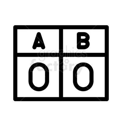 A black and white clipart image depicting a simple 2x2 grid table with the letters A, B, and zeroes inside. This is intended to suggest a scoreboard, primarily for basketball, but other spots use similar boards.