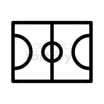 A simple black and white clipart image of a basketball court layout with clearly marked center circle, penalty areas, etc