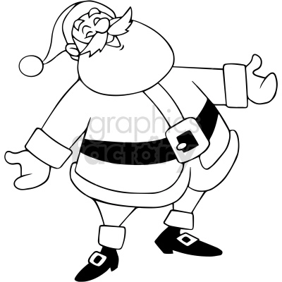 Black and white clipart image of a joyful Santa Claus with a large beard and mustache, wearing traditional Santa attire, arms open wide, and smiling.