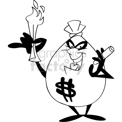 black and white cartoon money bag character