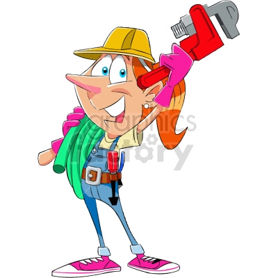 The clipart image depicts a cartoon character of a female plumber. She is wearing blue overalls, a white shirt, and a red bandana around her neck. She has long hair tied in a ponytail and is holding a wrench in her right hand. The background is white.
