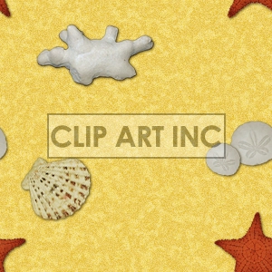 Clipart image of various seashells, coral, and starfish on a yellow textured background.