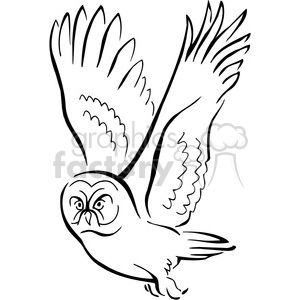 The clipart image shows a black and white vector illustration of an owl in flight. The owl is depicted with its wings spread wide, flying towards the right side of the image. It appears to be a generic representation of an owl, rather than a specific species.

