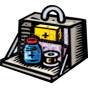 A clipart image of a first aid kit containing a bottle with a cross symbol, a yellow box with a cross symbol, and a spool of medical tape.