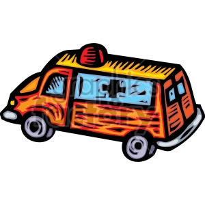 A colorful and stylized clipart image of an ambulance. The ambulance is orange with a red siren, blue windows, and a black cross symbol on the side window.