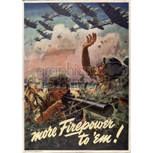 Clipart image showing two soldiers in combat with one aiming a weapon and the other gesturing. Multiple aircraft are flying overhead in the background, with text saying 'more firepower to 'em!'