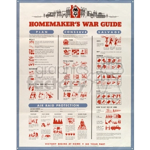 This clipart image is a vintage poster titled 'Homemaker's War Guide' and provides a detailed guide for planning, conserving, and salvaging resources during wartime. It includes sections on managing meals, rationing, spare time war activities, conserving food, rubber, pots and pans, fuel, clothing, and tips on salvaging fats, rubber, metals, and bags. The poster also has a section on air raid protection and emphasizes the importance of doing one's part at home for victory.